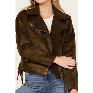 Cleo & Wolf Jacket Size XL Olive Green Faux Suede Moto Sherpa Collar Jacket 💚💚